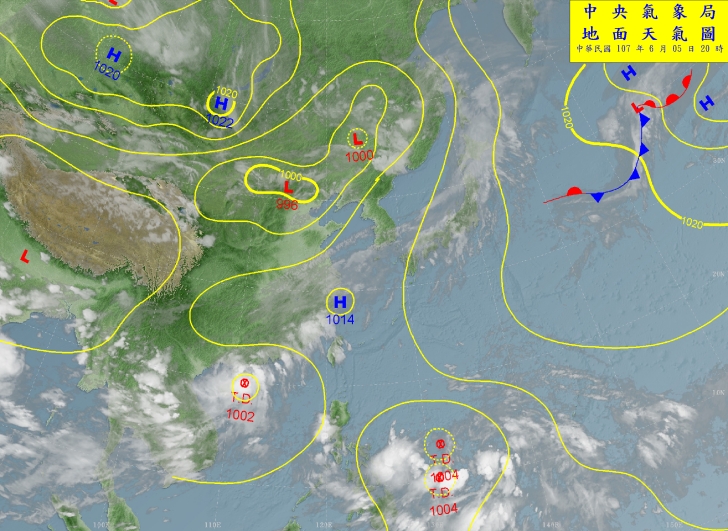 目前在海南島附近及菲律賓東方海面共有三個熱帶性低氣壓，但由於距離仍遠，週四(7日)之前對台灣的天氣沒有影響，不過週五(8日)以後的天氣變化則要視熱帶性低氣壓接近的程度而定。   圖：中央氣象局提供