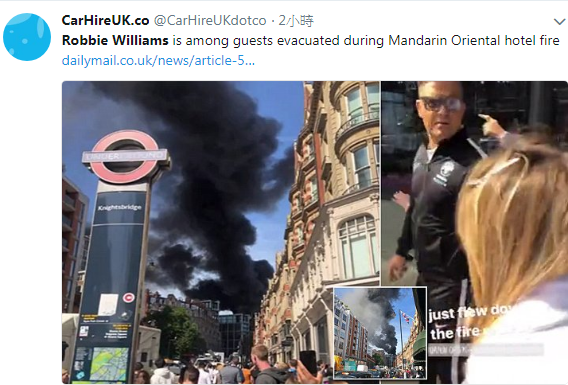 倫敦文華東方酒店失火，逃生民眾中赫然發現著名歌手羅比威廉斯（右圖左）。   圖：翻攝英國官方租車公司推特