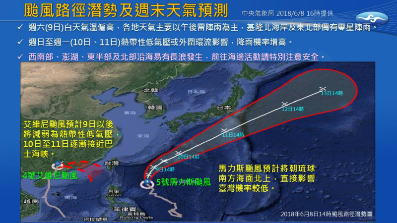 第5號颱風馬力斯將朝琉球海面北上，直接影響台灣機率低。第4號颱風艾維尼即將逐漸減弱為熱帶性低氣壓，週日之後可能為台灣帶來水氣、增加降雨機率。   圖：中央氣象局／提供