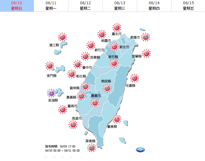 今日白天氣溫仍偏高，各地高溫多可來到32度以上，中南部地區由於吹溫暖的西南風，仍有可能出現34、35度的高溫。   圖：中央氣象局／提供