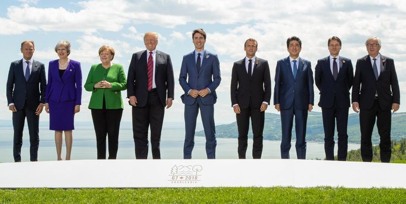七大工業國集團（G7）高峰會9日閉幕，發表聯合聲明誓言對抗保護主義和削減貿易障礙。   （圖取自G7推特twitter.com/g7）