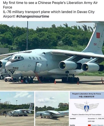 報導引用「菲律賓飛機攝影愛好者群組」的照片稱，一架IL-76運輸機8日出現在達沃國際機場。   圖：翻攝自觀察者網