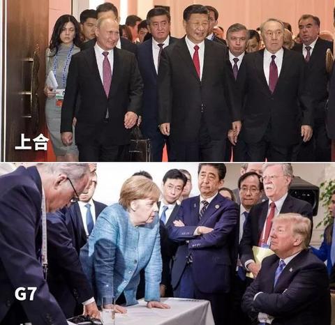 川普在出席G7峰會時砲火四射，以及叉著手端坐著、被其他與會6國領袖站著包圍的照片，則被中國媒體及網評寫手大作文章，搬出上合組織青島峰會及蒲亭在中國受到禮遇，分別把G7峰會及川普狠酸一頓。   圖：翻攝自環球網