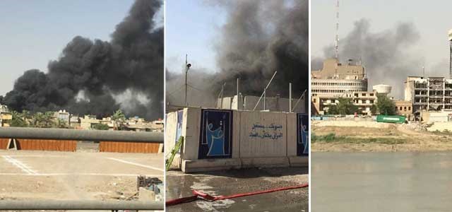 伊拉克巴格達1所存放議會大選選票的倉庫10日突然起火，冒出濃濃黑煙。   圖：翻攝RUDAW NET