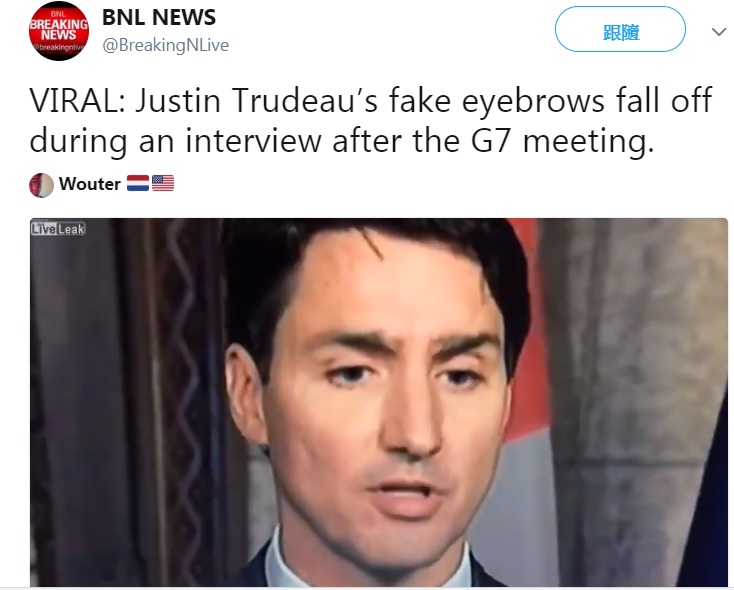 加拿大總理杜魯道在G7會後記者會發言的影片中，疑似戴著假眉毛，引發熱議。   圖：翻攝NBL NEWS推特
