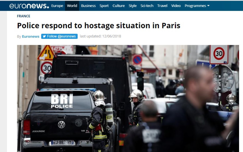 法國巴黎在當地時間12日下午發生人質劫持事件，法國特種部隊（BRI）抵達現場，周邊街區已經完全封鎖。   圖：翻攝euronews官網