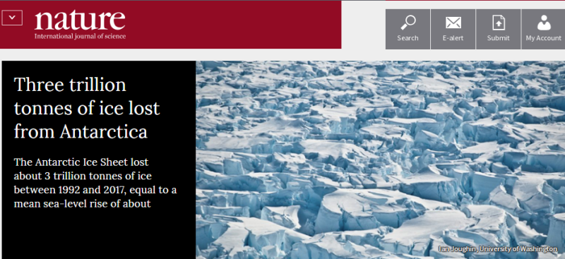 學術期刊《自然》公布最新研究，發現南極冰層融化速度增快近3倍，每年融化的冰層達到2410億噸。   圖：翻攝《自然》官網