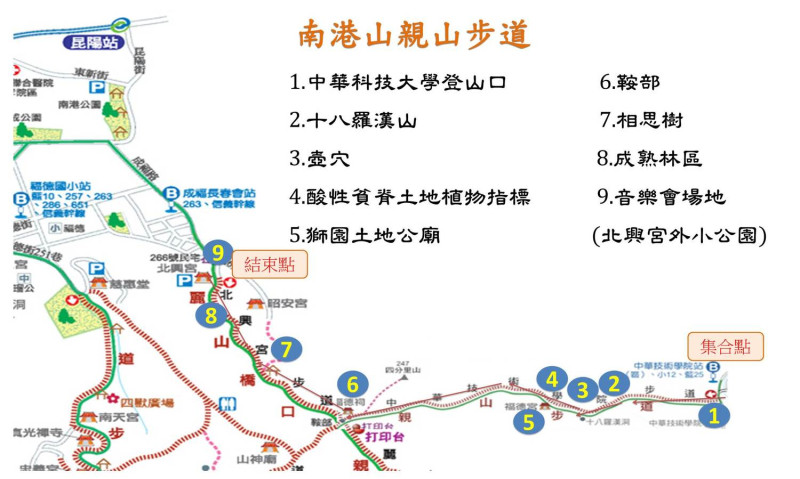 「綠意臺北繽紛大地 步道齊步走」生態導覽活動的步行路線。   圖：台北市工務局提供