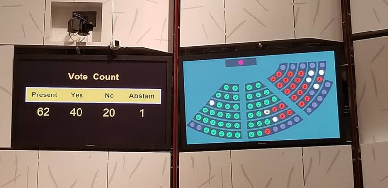 香港立法會14日晚間，以40票贊成，20票反對，三讀通過備受爭議的《廣深港高鐵（一地兩檢）條例》草案。   圖：翻攝香港經濟民生聯盟主席盧偉國臉書