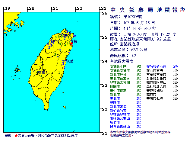 宜蘭縣近海清晨4時53分發生有感地震，規模5.2。   圖/翻攝自中央氣象局