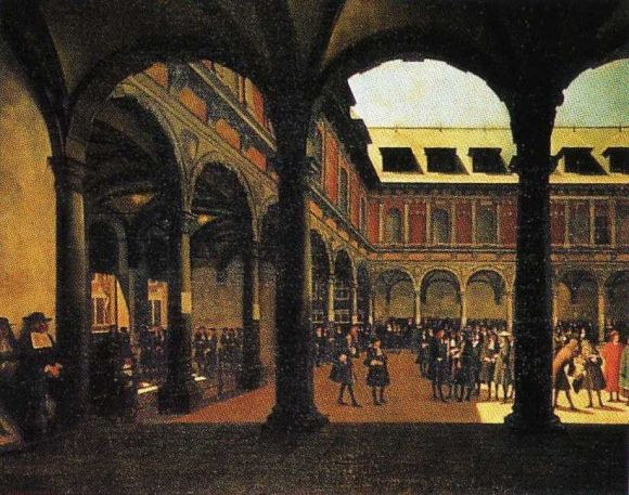 十七世紀荷蘭畫家（Jacob Berekheyde）的「阿姆斯特丹證券交易所庭院一景」圖   圖：陳耀昌／提供