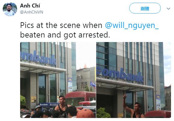 美籍越南學生阮英惟10日參與抗議中國活動，不惜跳到警車上。   圖：翻攝Anh Chi推特