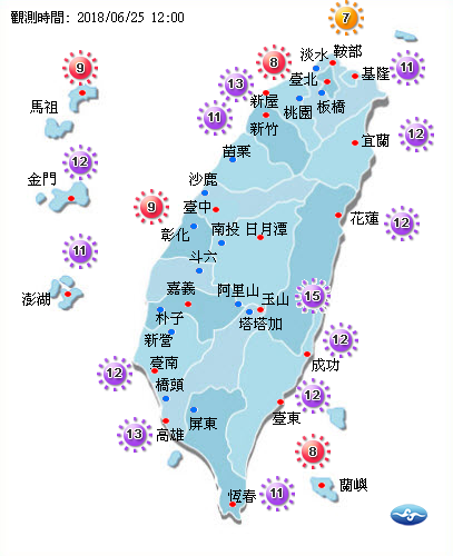 中央氣象局預估紫外線指數各地多為過量級與危險級，中午前後紫外線強，戶外活動要多注意防曬。   圖：中央氣象局／提供