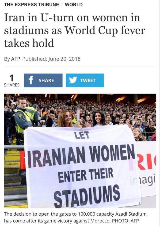自由體育場首次為女性敞開大門是在本月20日，當時有數百名女性到場觀看伊朗隊迎戰西班牙。   圖：翻攝自Let  Iranian  Women enter  their stadiums 臉書