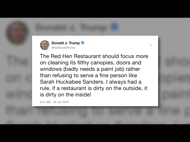 川普在星期一的推文上力挺桑德斯說，這家餐館「應當更多關心清潔它那骯髒的遮蓬、門窗(嚴重需要粉刷)，而不是拒絕向薩拉·哈克比·桑德斯這樣的好人提供服務。我一直有條規則：如果餐館外面髒，裡面也髒！」   圖：翻攝自Youtube
