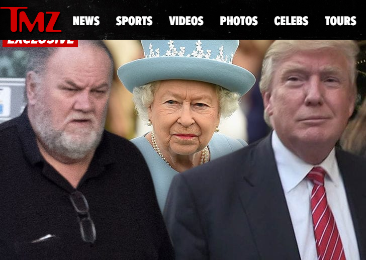 英國新王妃父親湯瑪斯馬克爾（左起）對於英國女王伊莉莎白二世要接見美國總統川普，頗有微詞。   圖：翻攝《TMZ》