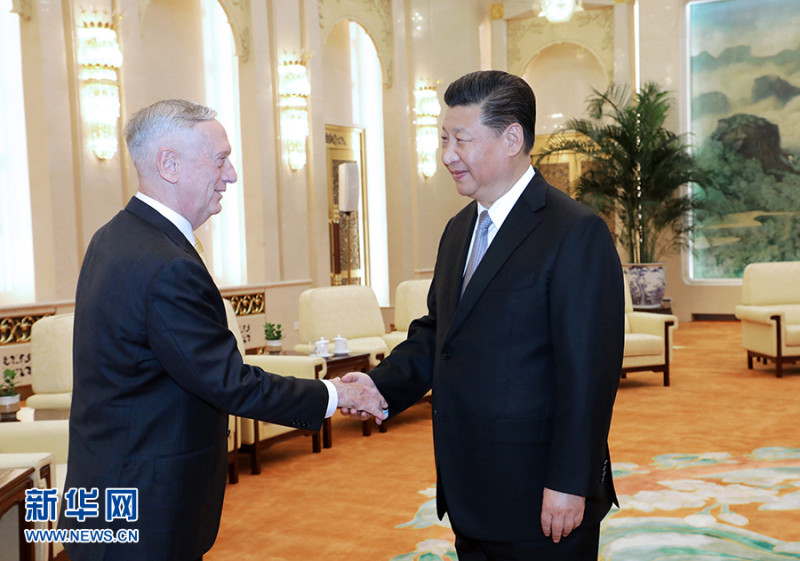 中國國家主席習近平今（27）日在北京人民大會堂會見美國國防部長馬提斯。   圖：翻攝新華網