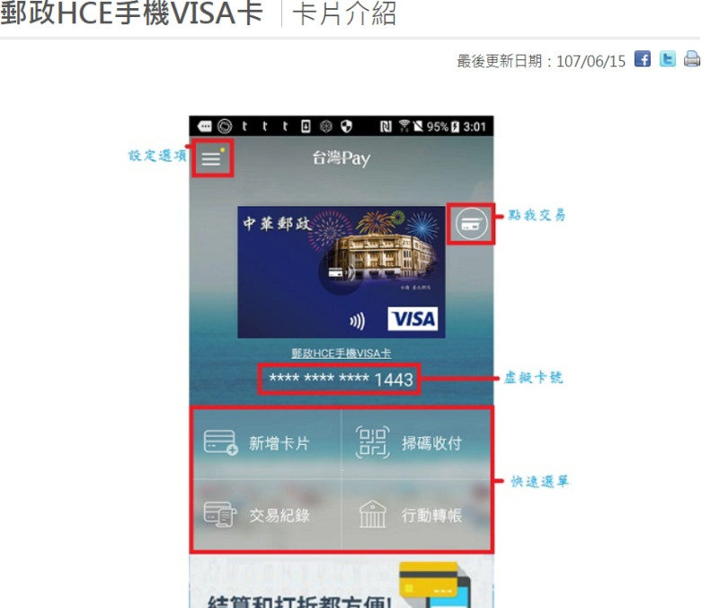 中華郵政推出新的HCE手機VISA卡。   圖：翻攝自中華郵政官網