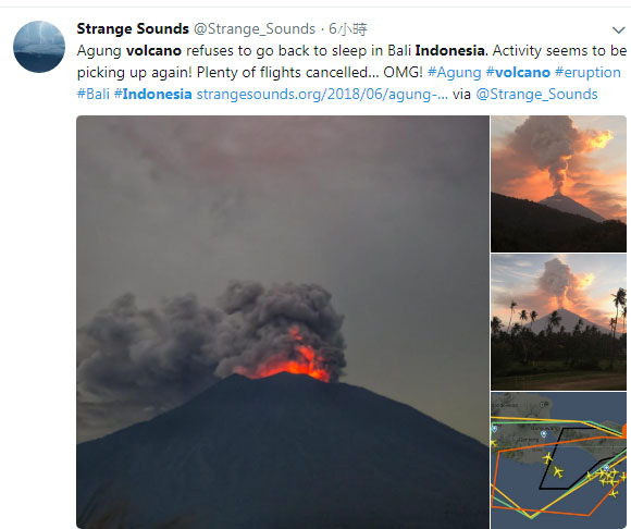 印尼阿貢火山28日噴發，嚴重影響飛案，峇里島機場緊急關閉。   圖：翻攝Strange Sounds推特