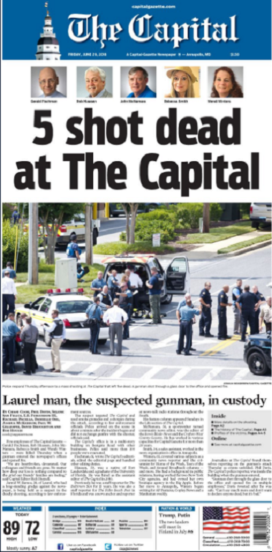 「首都報」今天仍然堅持出刊，報紙的頭版刊載了報社昨天遭人持槍掃射的5名罹難者照片，文章標題寫著「首都報5人遭槍殺身亡」。   圖：取自首都報twitter