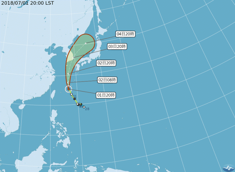 受第7號颱風巴比侖移動方向影響，今、明2天要前往韓國、日本的朋友，請多留意最新氣象及航班資訊。   圖：中央氣象局提供