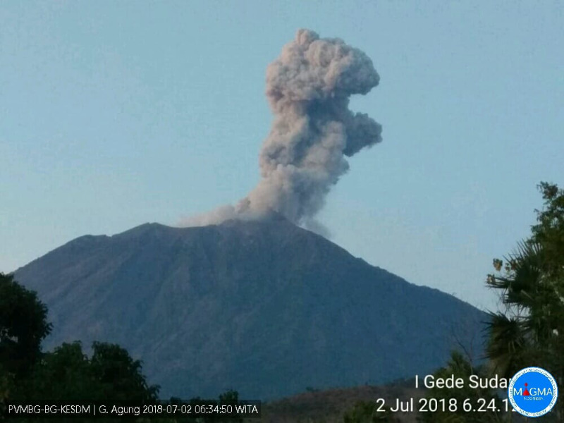 印尼峇里島阿貢火山2日再噴出高達2000公尺灰柱，當局提醒民眾務必小心提防。   圖:翻攝印尼火山與地質災害減災中心