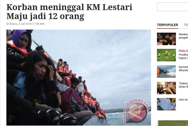 印尼今（3）日又有一艘渡輪在印尼外海沉沒，造成至少12人喪命，逾百名乘客受困。   圖：翻攝安塔拉通訊社官網