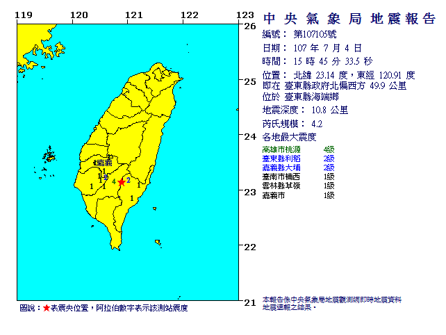 今(4)日15時45分在台東縣海端鄉發生規模4.2地震。   圖：翻攝中央氣象局