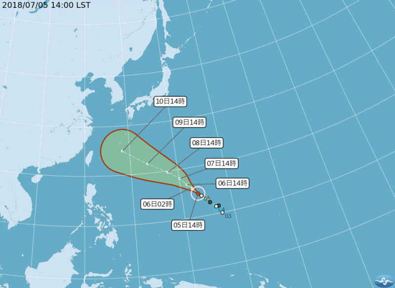 氣象局表示，在今14時更新最新颱風動向， 輕度颱風「瑪莉亞」，中心位置位於北緯 14.60 度、東經 143.40 度，以每小時16公里速度，向西北進行。   圖：中央氣象局提供