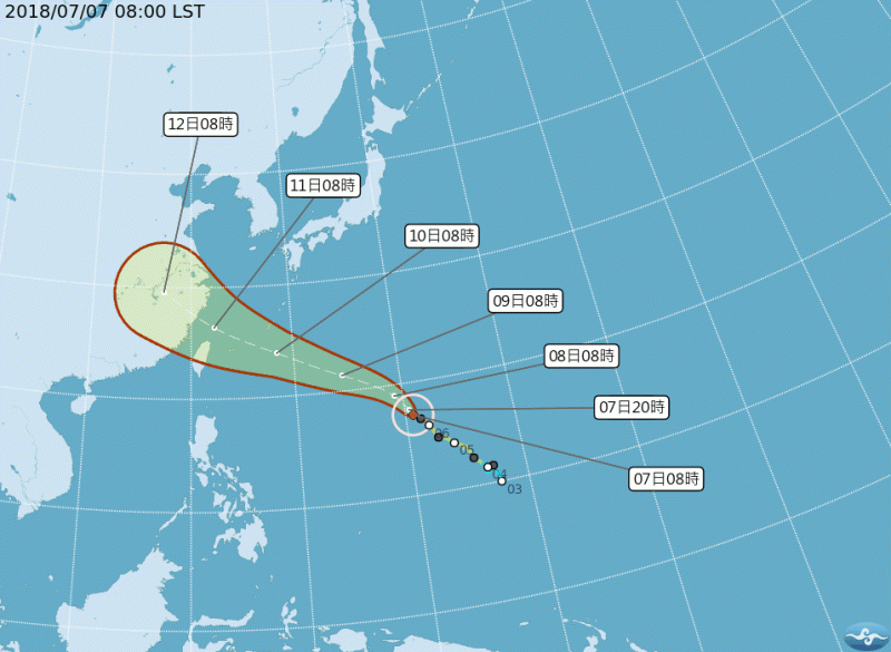 中央氣象局在早上8時，更新颱風狀態，強烈颱風「瑪莉亞」，中心位置位於北緯 17.10 度、東經 140.70 度，向北北西緩慢進行。   圖：中央氣象局提供