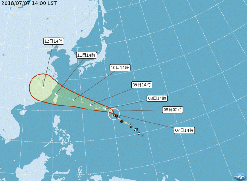 強颱「瑪莉亞」目前移動路徑持續南修，根據中央氣象局表示，由於太平洋高壓持續增強，所以不排除「瑪莉亞」登陸台灣的可能性。   圖：中央氣象局提供