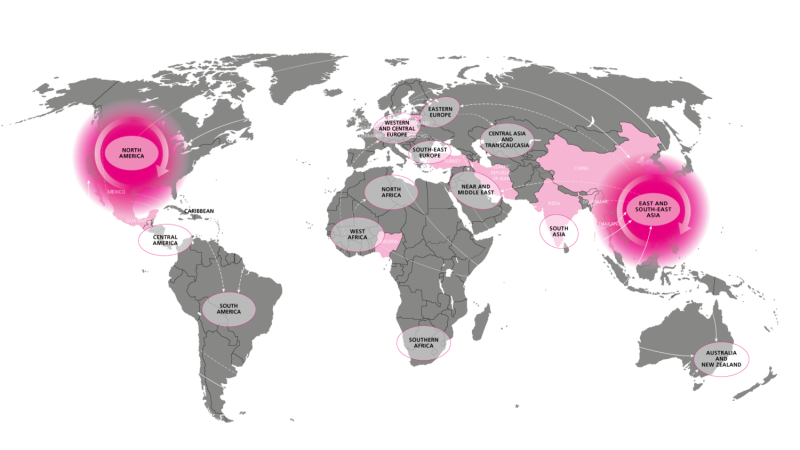 聯合國指出北美與東南亞地區是安非他命的主要生產製造與消費地區   圖：聯合國毒品與犯罪問題辦公室(2018年世界毒品報告)