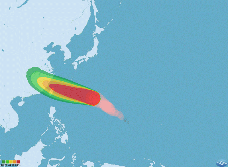 最新強颱瑪莉亞最快將在今天下午發布海上颱風警報，不排除在明日凌晨至早上發布陸上颱風警報。   圖：中央氣象局提供