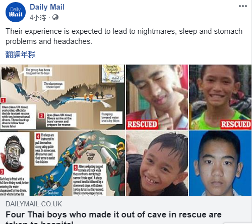 英國《每日郵報》報導４名獲救的足球少年，右圖左下為年齡最小的Nattawoot Thakamsai。   圖：翻攝《每日郵報》臉書