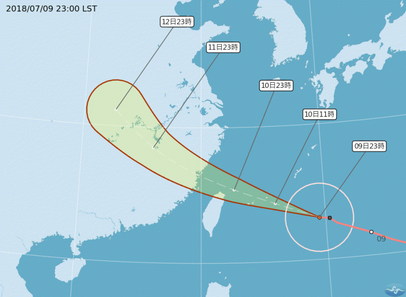 今天晚上到週三上午是影響台灣最為明顯，北台灣朋友特別注意10級風的暴風半徑可能直接進入陸地。   圖：中央氣象局提供