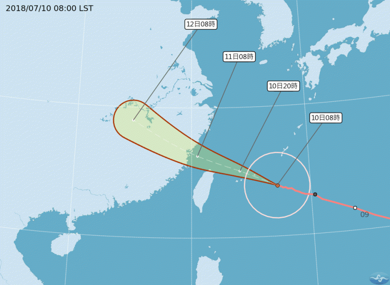 強颱瑪莉亞持續逼近台灣，北北基宣佈下午4時停班停課。   圖：翻攝中央氣象局