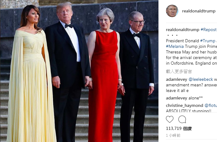 美國第一夫人梅蘭妮亞（左起）陪同丈夫川普訪問英國，黃色飄逸洋裝搏得「美女與野獸」的評語。   圖：翻攝川普IG