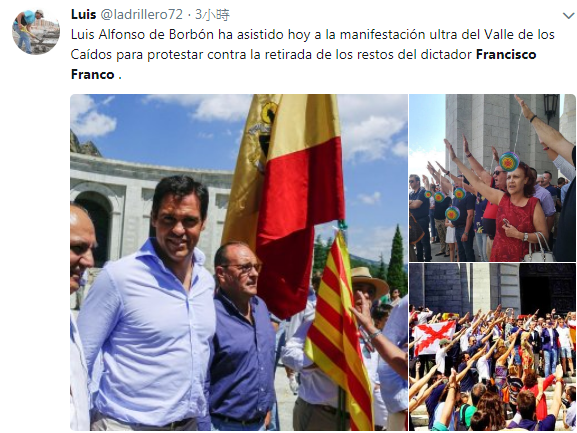 西班牙極右翼組織發起示威，反對遷葬前獨裁者佛朗哥遺體，有人甚至舉出法西斯主義手勢。   圖：翻攝Luis推特