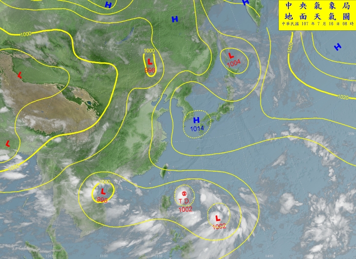 中央氣象局資料顯示，菲律賓東方海面有兩個熱帶性低氣壓向西南西移動，再加上東南邊的低壓結構完整，中央氣象局表示，今日深夜若進入南海，有機會發展成颱風。   圖：翻攝自中央象局