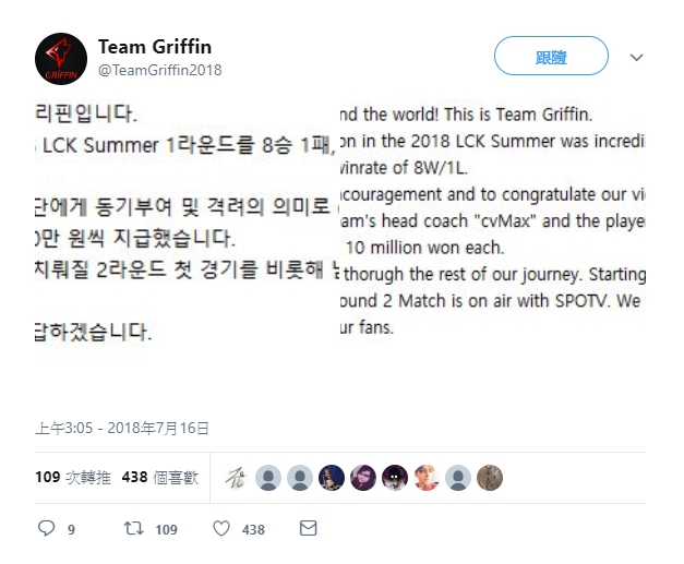 GRF發布推特表示：「作為出道賽季，2018年LCK夏季賽第一輪以8勝1敗，第一名的成績完美收官。為賦予動力及表示激勵，我們獎勵cvMax監督與選手們各1000萬韓元獎金。」   圖：翻攝自 Team Griffin 推特