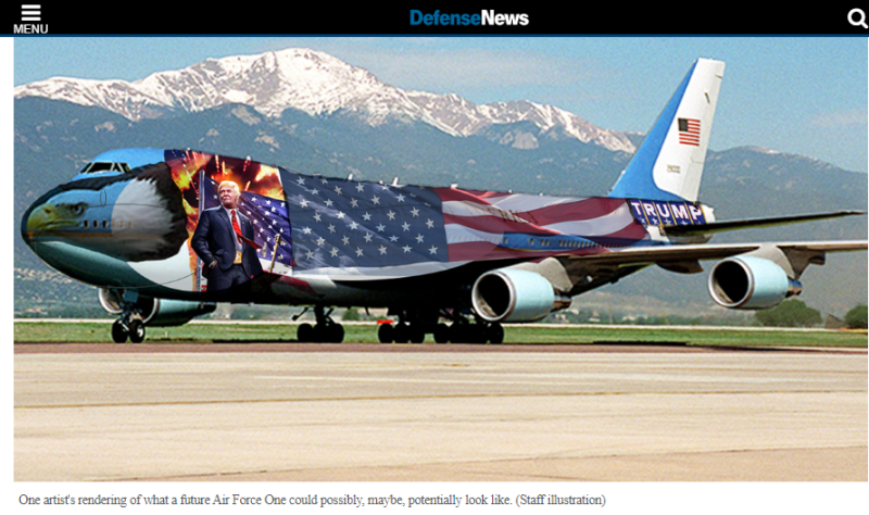 美國《國防新聞》秀出1張由某藝術家設計出的未來空軍一號，川普的肖像配上美國星條旗、老鷹頭，感覺很「川普」。   圖：翻攝Defensem News/Staff illustration