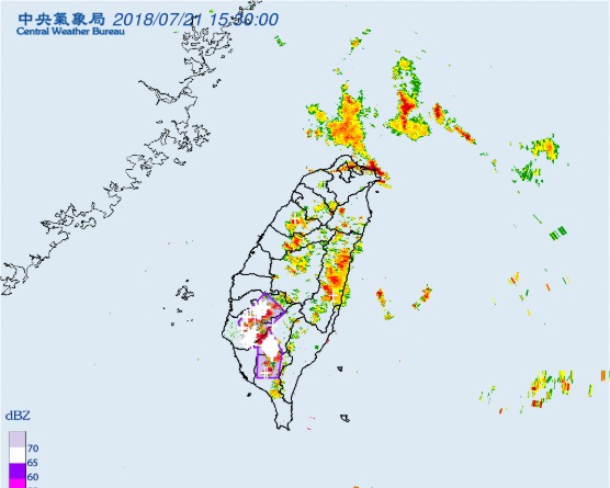 中央氣象局稍早15：51針對嘉義市、嘉義縣、台南市、高雄市、屏東縣發布大雷雨即時訊息。   圖：中央氣象局提供
