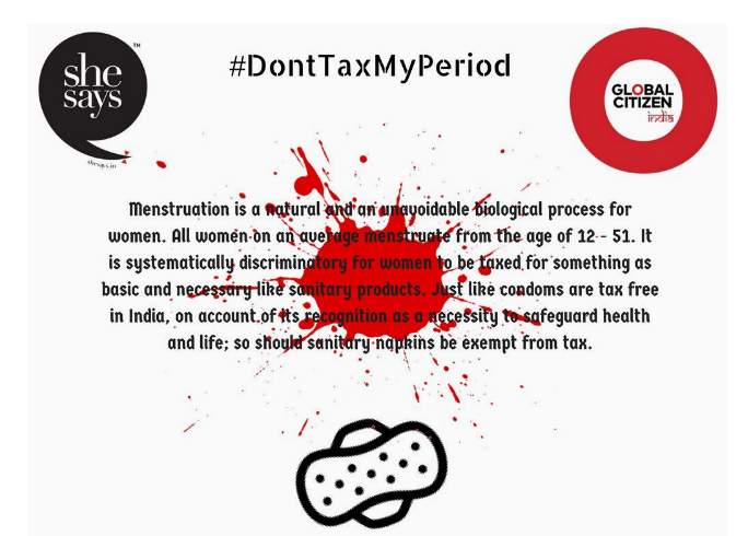 印度婦女組織「SheSays」發起抗爭「血稅」活動，要求政府勿對女性月經課稅。   圖：翻攝SheSays組織推特