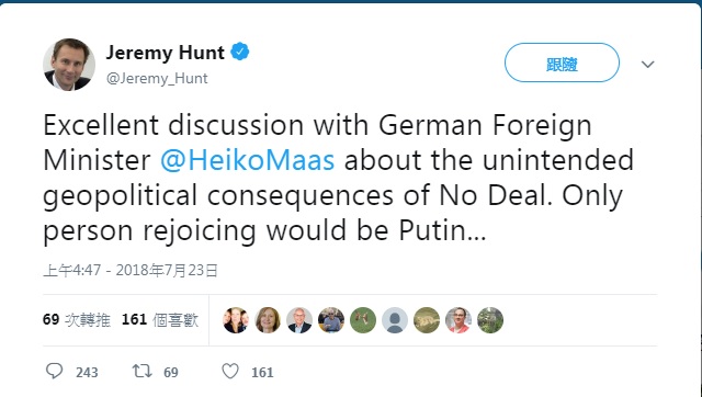 韓特在推特發文表示，唯一一個對無協議脫歐感到滿意的人就是俄羅斯總統普亭。   圖：翻攝Jeremy Hunt推特