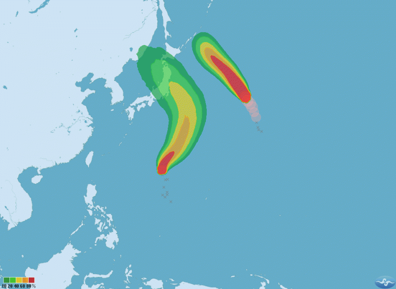 氣象局於今天凌晨2點公告原本在菲律賓東方海面的熱帶性低氣壓，已增強為第12號颱風「雲雀」，未來將向東北朝日本南方海面前進，影響台灣的機率較低。   圖：中央氣象局提供
