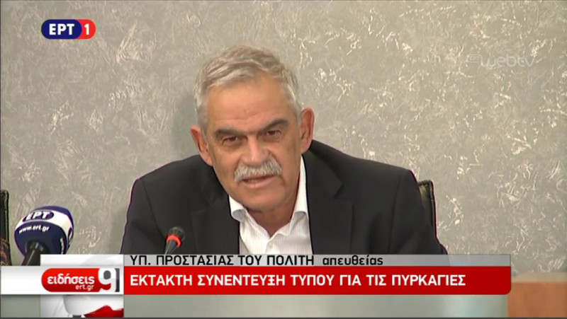 希臘公共秩序與公民保護部長托斯卡斯表示，當局分析衛星圖片後，發現多個地點在短時間幾乎同時起火，顯示有人縱火。   圖：翻攝希臘公共電視推特