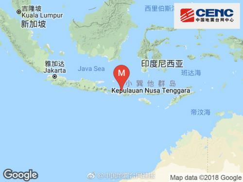 印尼龍目島於台灣時間今日清晨6時47分左右發生規模6.4強震。   圖/翻攝自中國國家地震微博