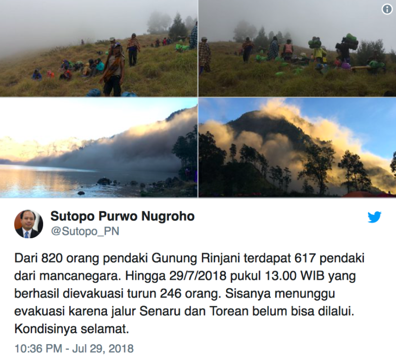 災害應變總署發言人蘇托波昨晚在推特發文，地震發生時，林賈尼火山的山坡上有820人受困，其中246人已被救出。   圖：翻攝推特