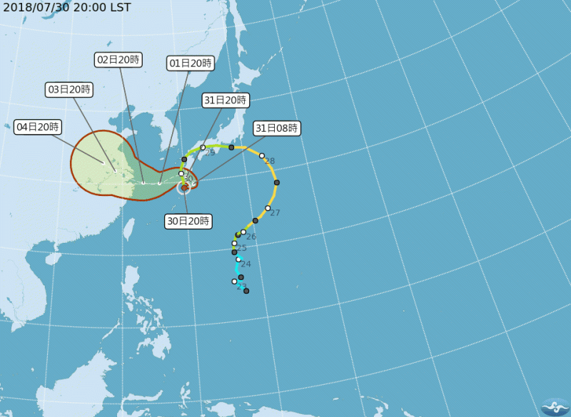 根據氣象局昨(30)颱風「雲雀」最新動向，目前在日本出現減速並打轉的趨勢，預估未來會在日本九州轉往上海移動。   圖：中央氣象局提供