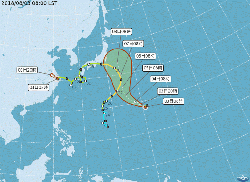 原本關島海面上的熱帶低氣壓，在今(3)早上8時已增強為今年第13號颱風「珊珊」根據中央氣象局預報員程川芳指出，目前因歐美預測不同調，氣象局仍持續觀測其動向中。   圖：中央氣象局提供